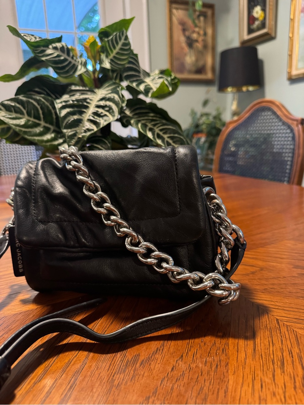 Marc Jacobs Black Leather Cushion Crossbody with Silver Chain